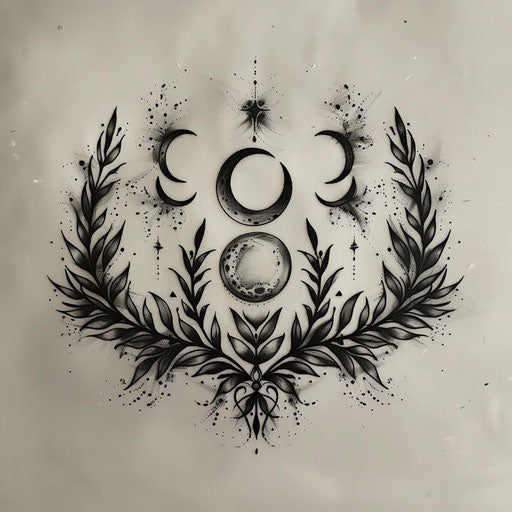 Bold and dark flat tattoo sketch with a sage wreath encircling a moon phase