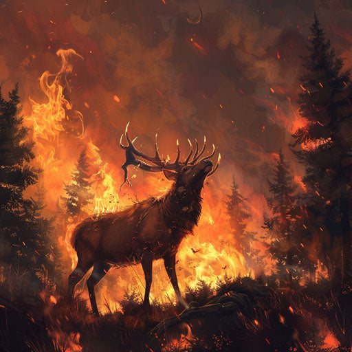 An elk standing on the edge of a firelit forest, a survivor's tale