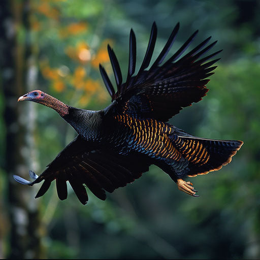 Wild turkey in flight, in the style of Frans Lanting