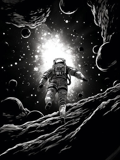 Astronaut floating in galaxy, black and white ink style