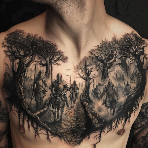 Epic fantasy collarbone tattoo with knights and enchanted forests