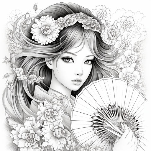 Fan coloring page, neo-traditional Japanese style, pretty