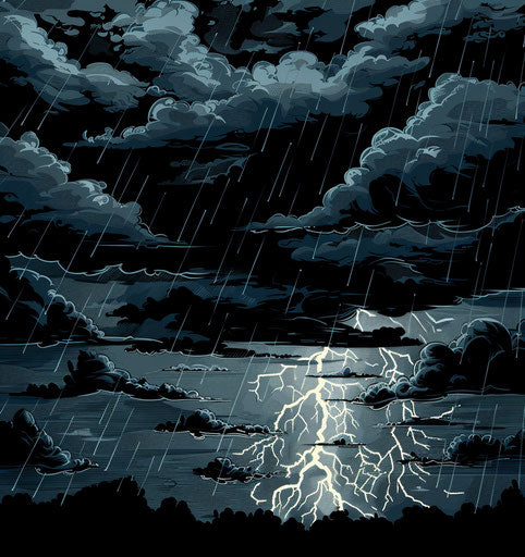 Storm clouds and lightning in retro black, comic/cartoon style