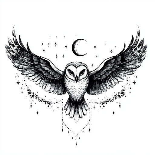 Owl neck tattoo celestial theme sketch on white