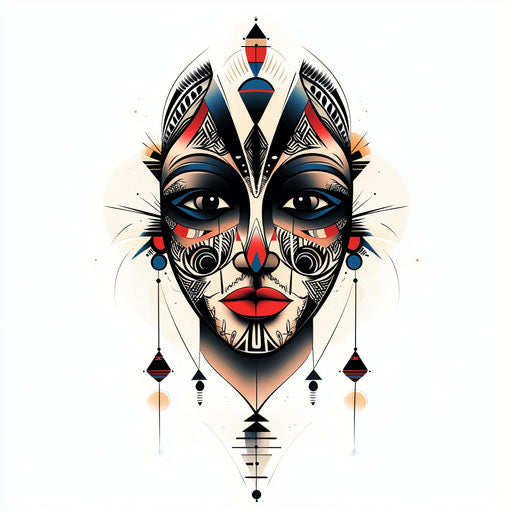 Flat tattoo sketch of beautiful clipart style Maori face tattoo with mix of traditional and modern design elements on pure white background