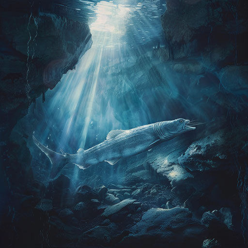 White sturgeon navigating through underwater caves