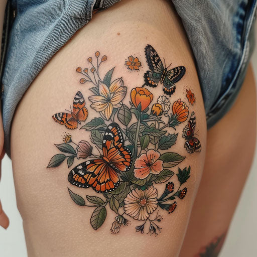 hip tattoo of a butterfly garden, in the style of Maria Sibylla Merian