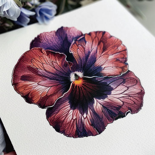 Illustration of small pansy flower tattoo in Victorian style, in rich colors on white paper