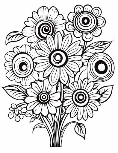 Garden flower coloring page, quirky shapes on white background