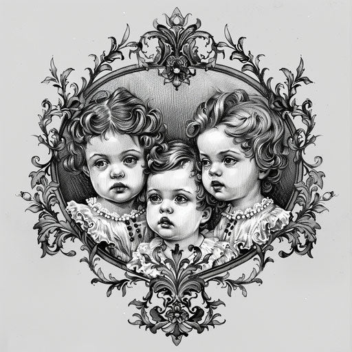 Flat tattoo design for three children in gothic Victorian style