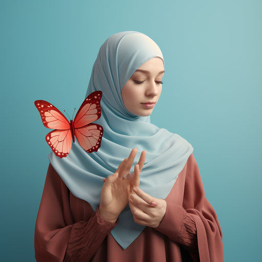 Young woman in hijab holding a butterfly, light red and sky-blue style, snapshot aesthetic