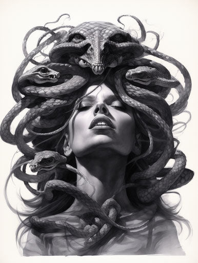 Woman's head inked with snakes, realistic fantasy art
