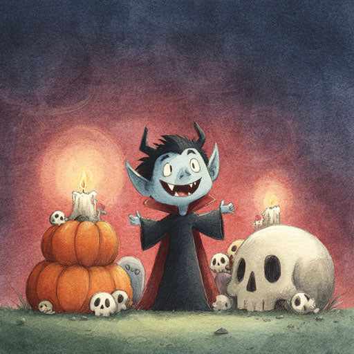 Cartoonish Halloween Vampire with Whimsical Decorations