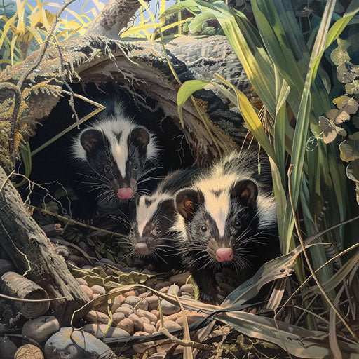Eastern spotted skunk at burrow entrance at sunset
