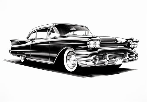 Old car drawn in black and white on white background, in the style of Artur Skijali-Veis, classic American cars 33:23