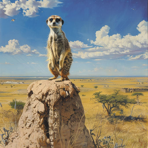 Meerkat on termite mound, vast savannah view