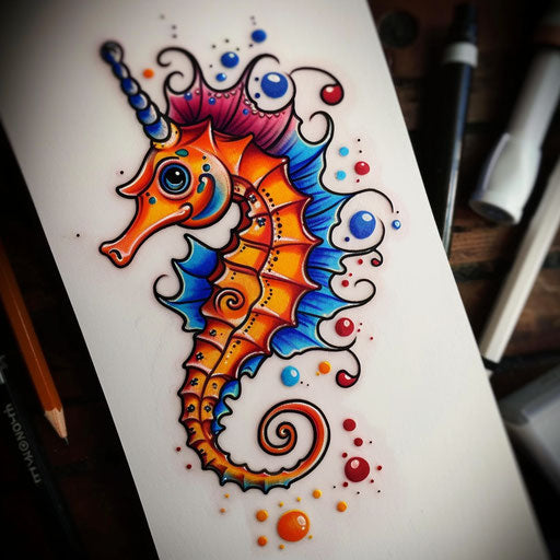 Cartoonish seahorse tattoo sketch in bright primary colors