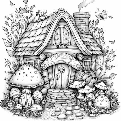 Whimsical fairy house in a mushroom patch surrounded by autumn foliage