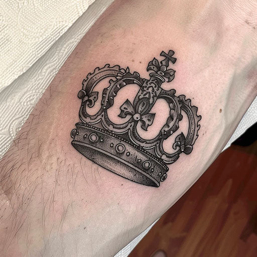 Rustic style king crown tattoo with rough texture and woodcarved appearance on white background