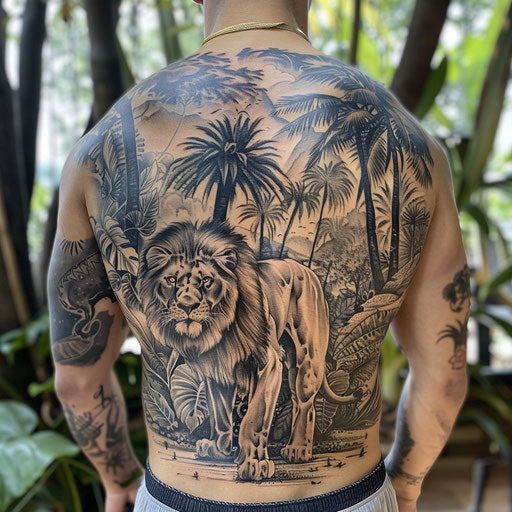 Lion back tattoo in jungle, David Palumbo style