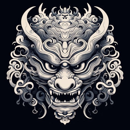 Stylized dragon head in black and white, japanese style