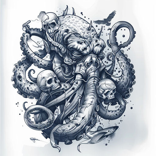Nautical kraken tattoo artwork, evoking the spirit of the sea with maritime motifs, on a white background.