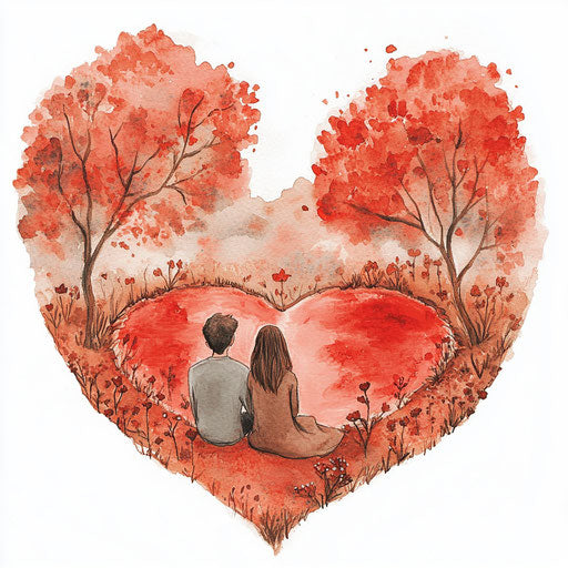 Heart-shaped lake with two people on the shore