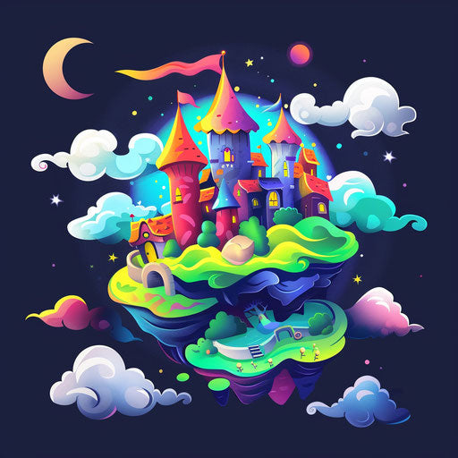 Fantasy world cartoon logo with whimsical landscapes and bright colors