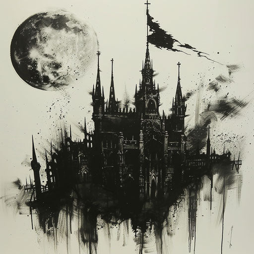 Black flag behind moonlit Gothic cathedral tattoo sketch