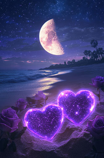 Two glowing purple hearts on an empty beach