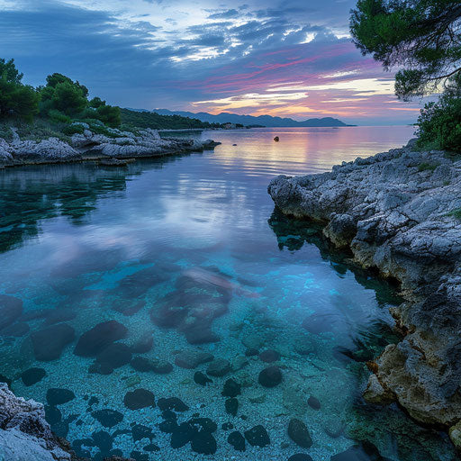 Hvar Beach with ethereal twilight and reflective waters
