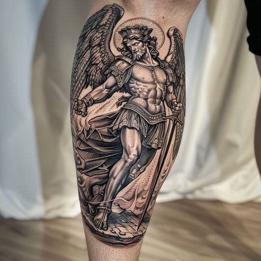 Baroque-inspired Saint Michael tattoo, dramatic lighting and elaborate details on white background