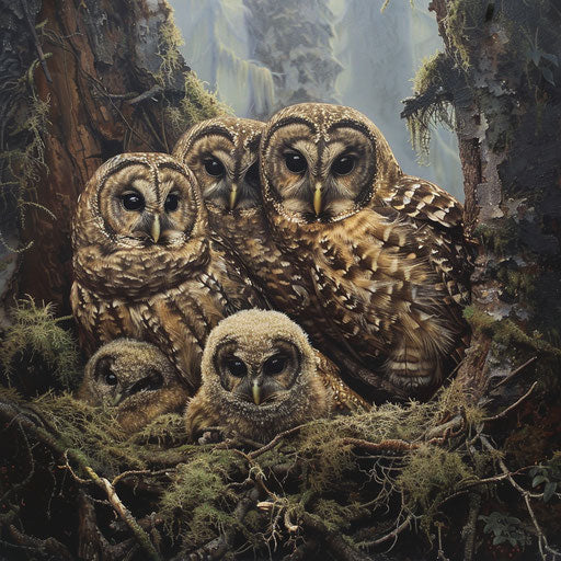 Family of northern spotted owls snuggling for warmth