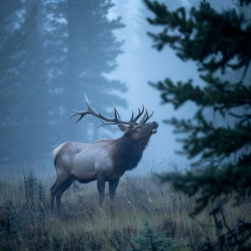 Majestic elk bugling in misty forest clearing during rut