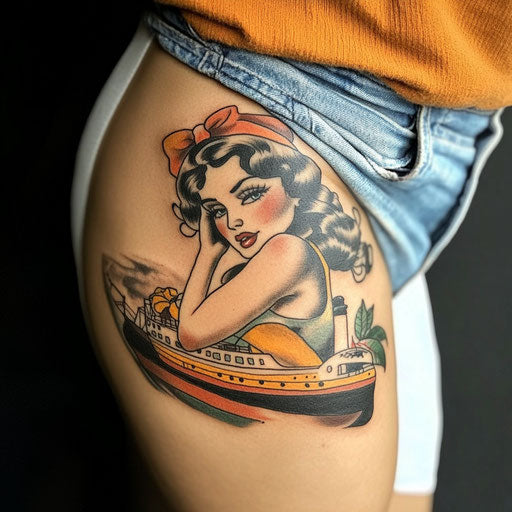 Side tattoo in the style of Sailor Jerry with a vintage pin-up girl