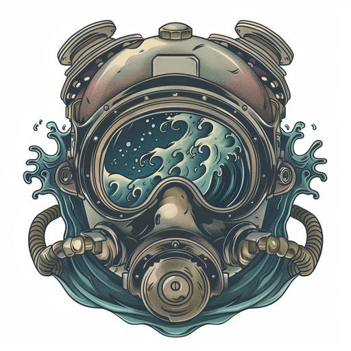Vintage diver helmet with sea waves, sailor tattoo design in neo-traditional colors on white background illustration