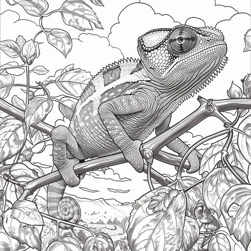 Chameleon on a vine with a scenic background