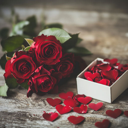 Bouquet of red roses with heart-shaped confetti