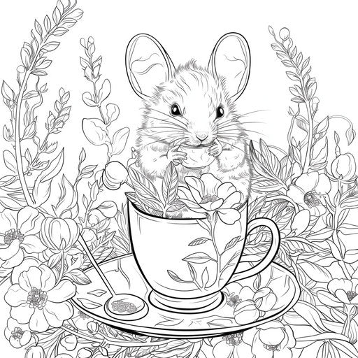Mouse having tea in a flower cup
