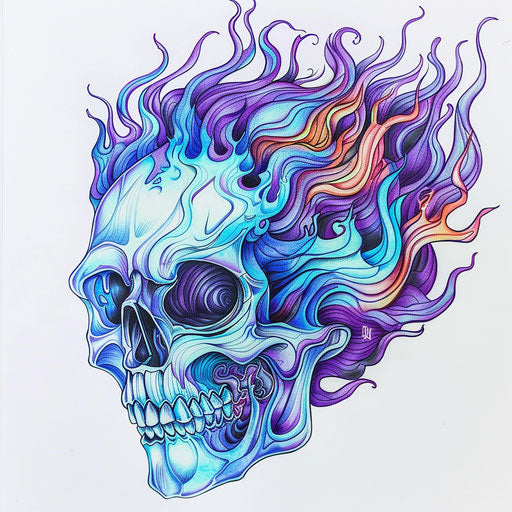 Skull of multicolored flames on white background, y2k style