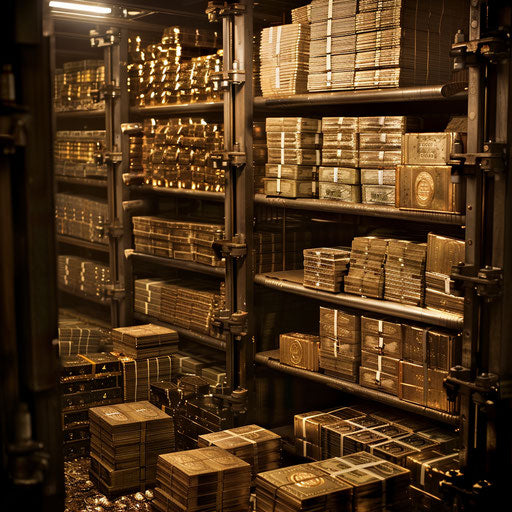 Traditional bank vault filled with money and gold