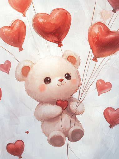 Sweet teddy bear surrounded by heart-shaped balloons