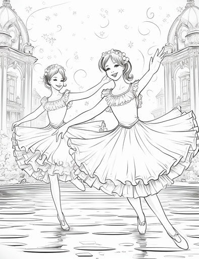 Ballet coloring pages for girls in light red and aquamarine style