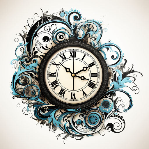 Black and white clock with decorative wrought iron designs