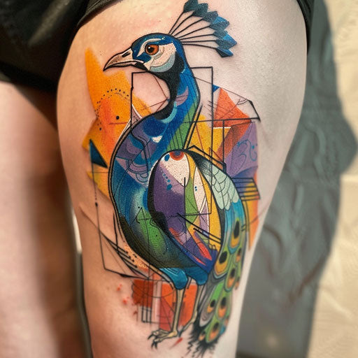Abstract peacock tattoo with geometric shapes and bold colors
