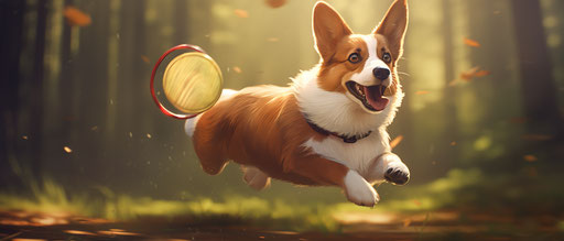 Corgi happily chasing a frisbee in the park