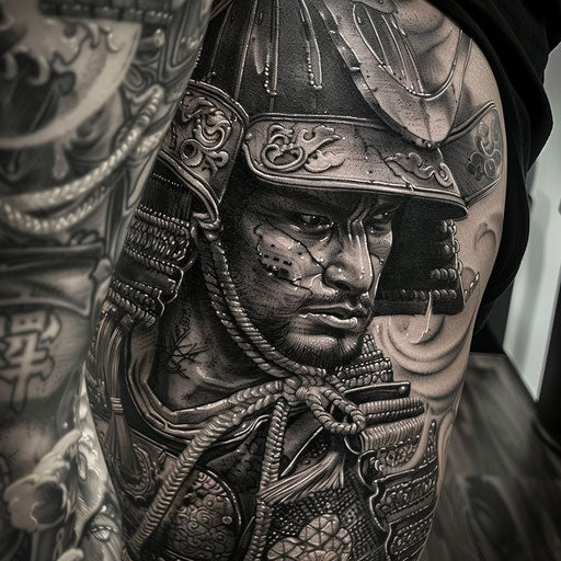 Hip tattoo of a samurai warrior, Ami James style