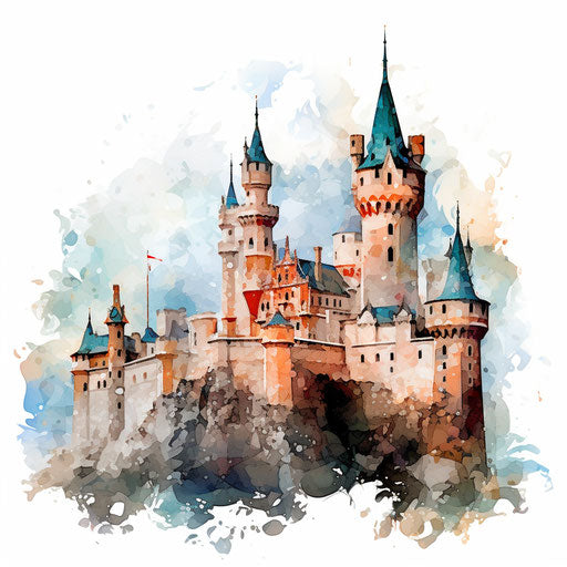Castle clipart in the style of Impressionistic Art, on white background