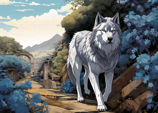 A husky walking near bushes, dark silver and light blue style