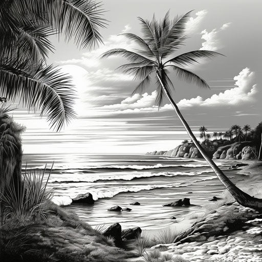 Seascape on coconut tree palm beach coloring page